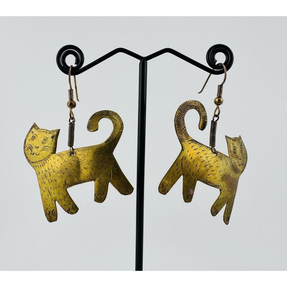 Vintage Cat Kitty Dangle Earrings Brass Boho Etched Statement 2.5 Inch